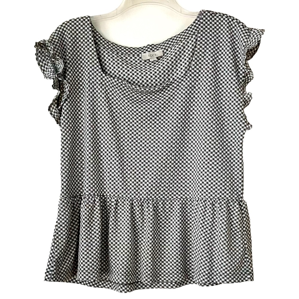 Loft Green/White Gingham Top, Sz. L, Ruffle Bottom/Ruffle Cap Sleeve, Polyester
